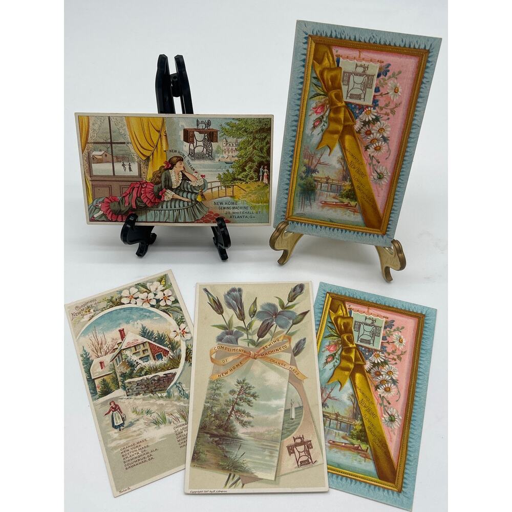 Lot of 5 Antique New Home Sewing Machine Trade Cards Victorian Advertising 1887